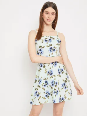 Berrylush Women Green Floral Print Sleeveless Fit and Flare Dress