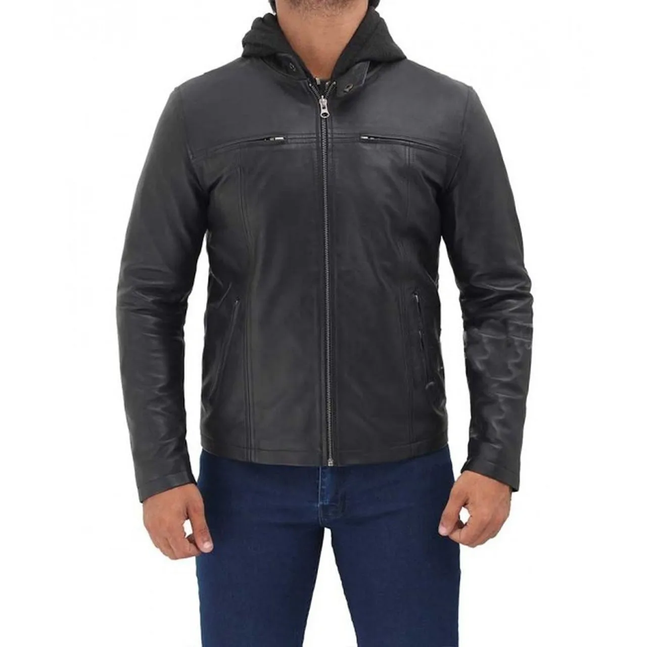 Black Bomber Hooded Leather Jacket
