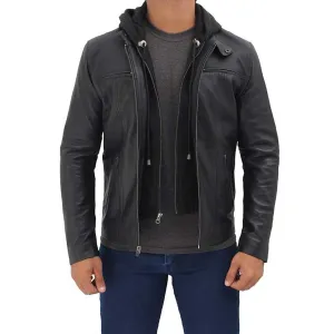 Black Bomber Hooded Leather Jacket