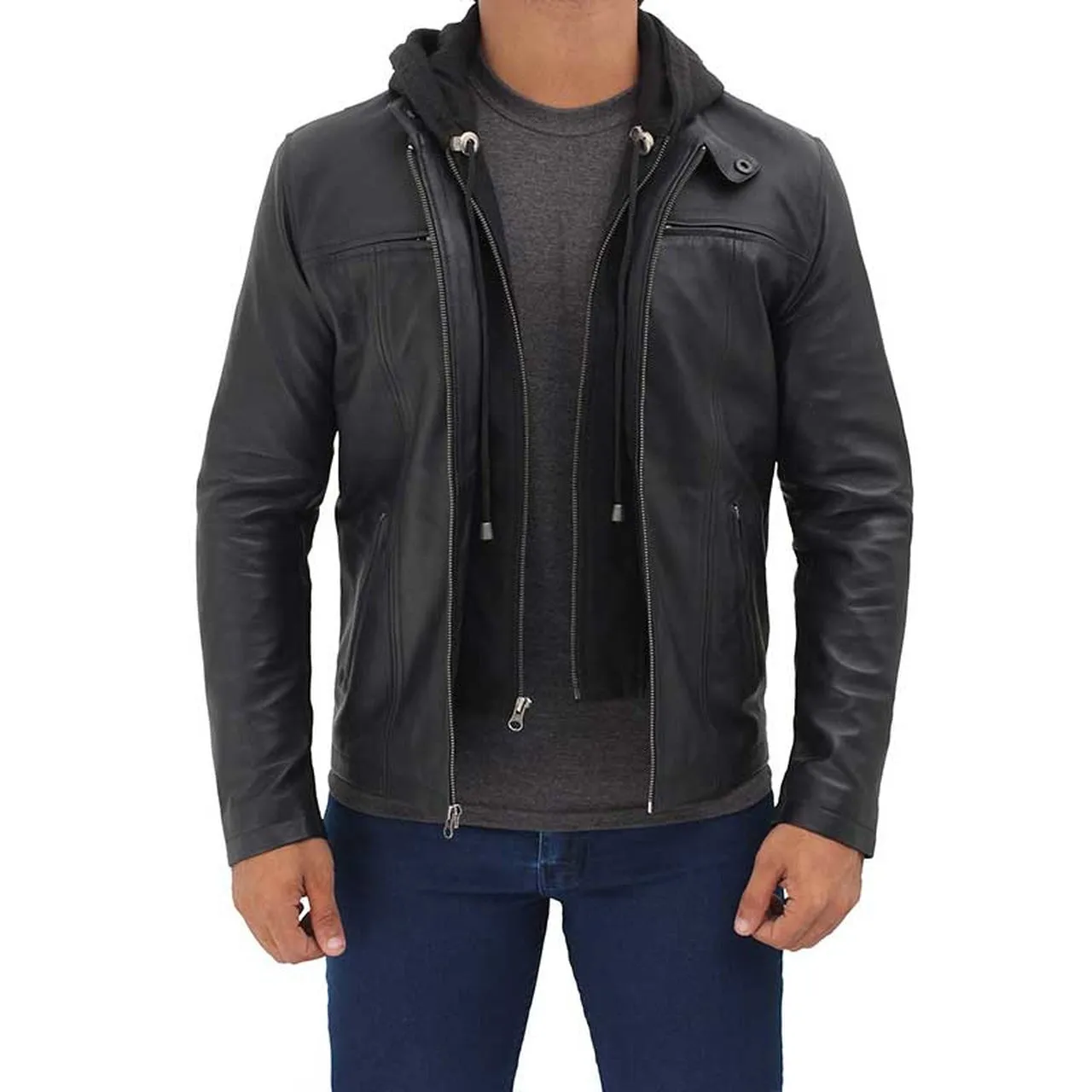 Black Bomber Hooded Leather Jacket