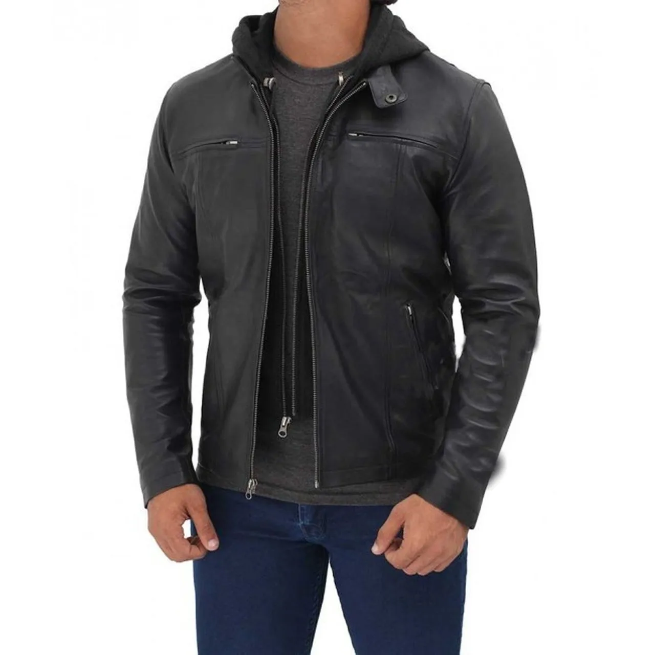 Black Bomber Hooded Leather Jacket