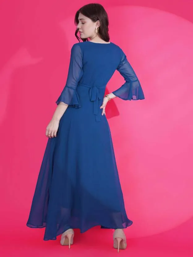Blue Georgette Fit and Flare Maxi Dress