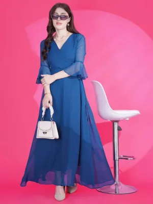 Blue Georgette Fit and Flare Maxi Dress