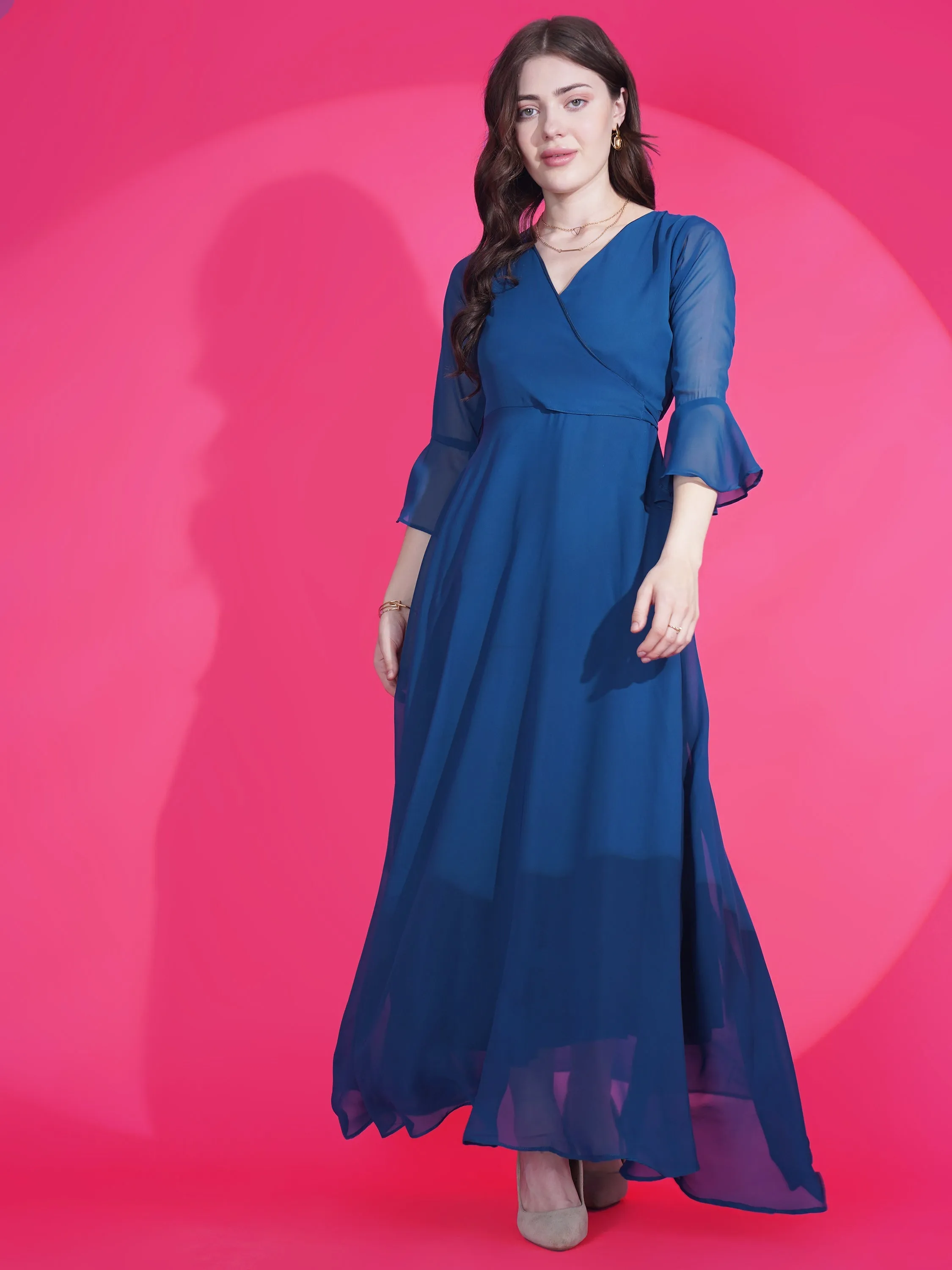 Blue Georgette Fit and Flare Maxi Dress