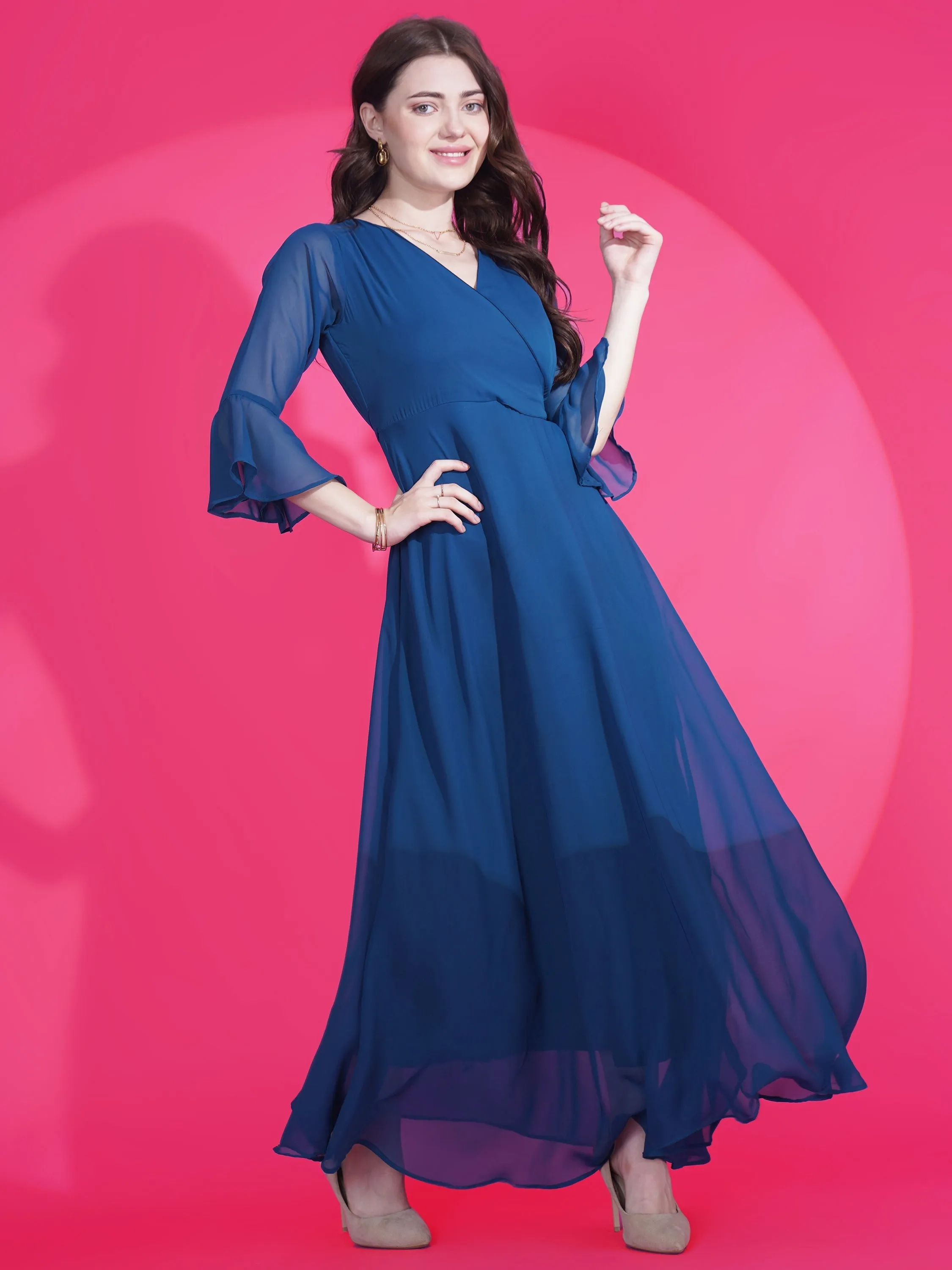 Blue Georgette Fit and Flare Maxi Dress