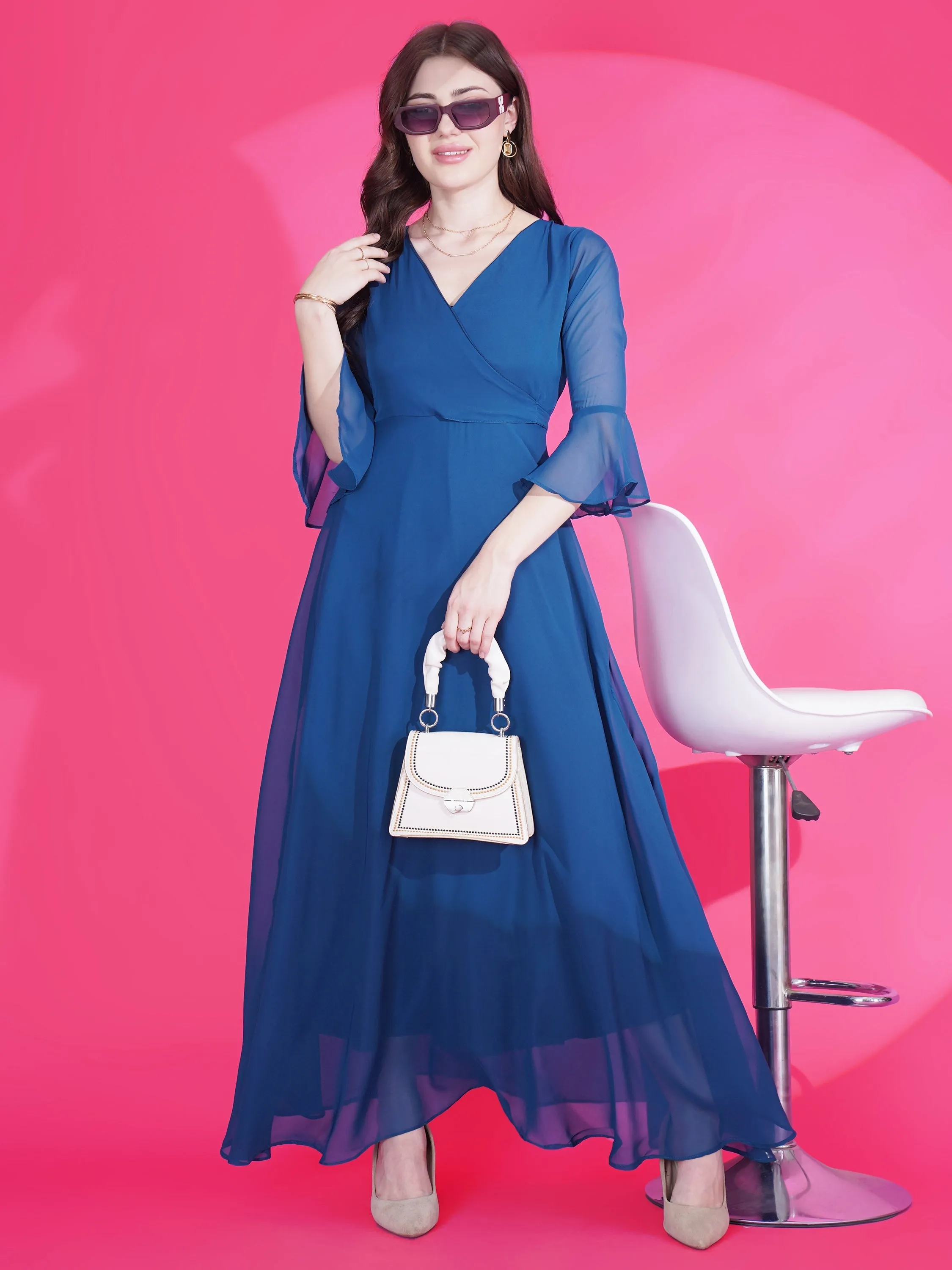 Blue Georgette Fit and Flare Maxi Dress