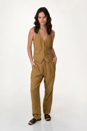 Brown Washed Linen Pleated Front Pants