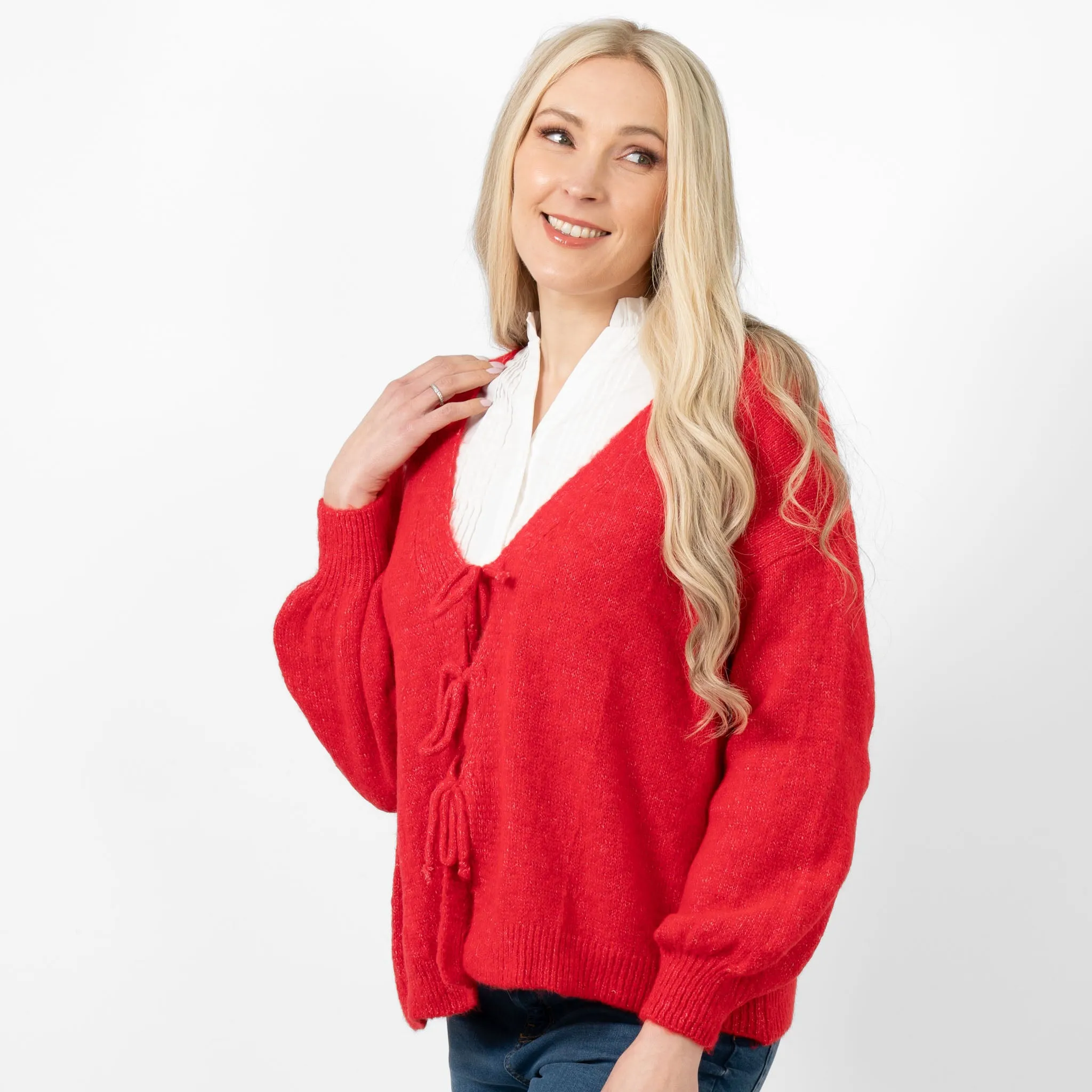 Cassidy Tie Front Wool Blend Cardigan - Red