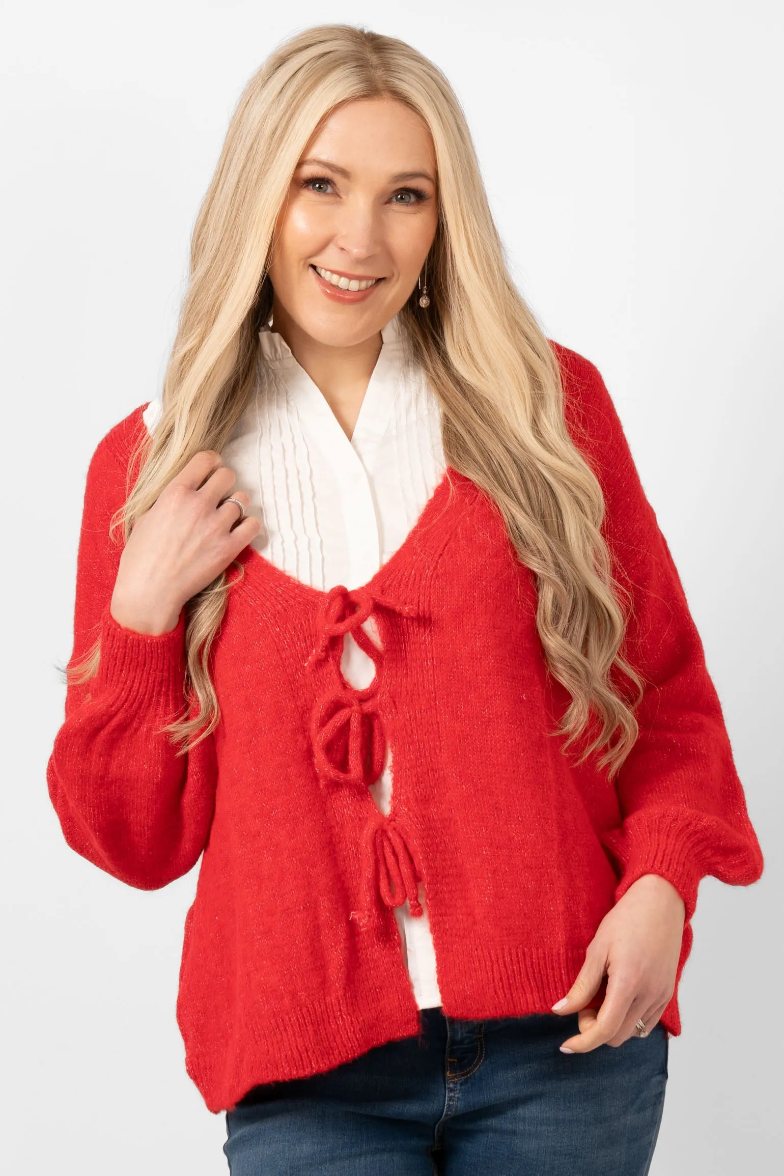 Cassidy Tie Front Wool Blend Cardigan - Red
