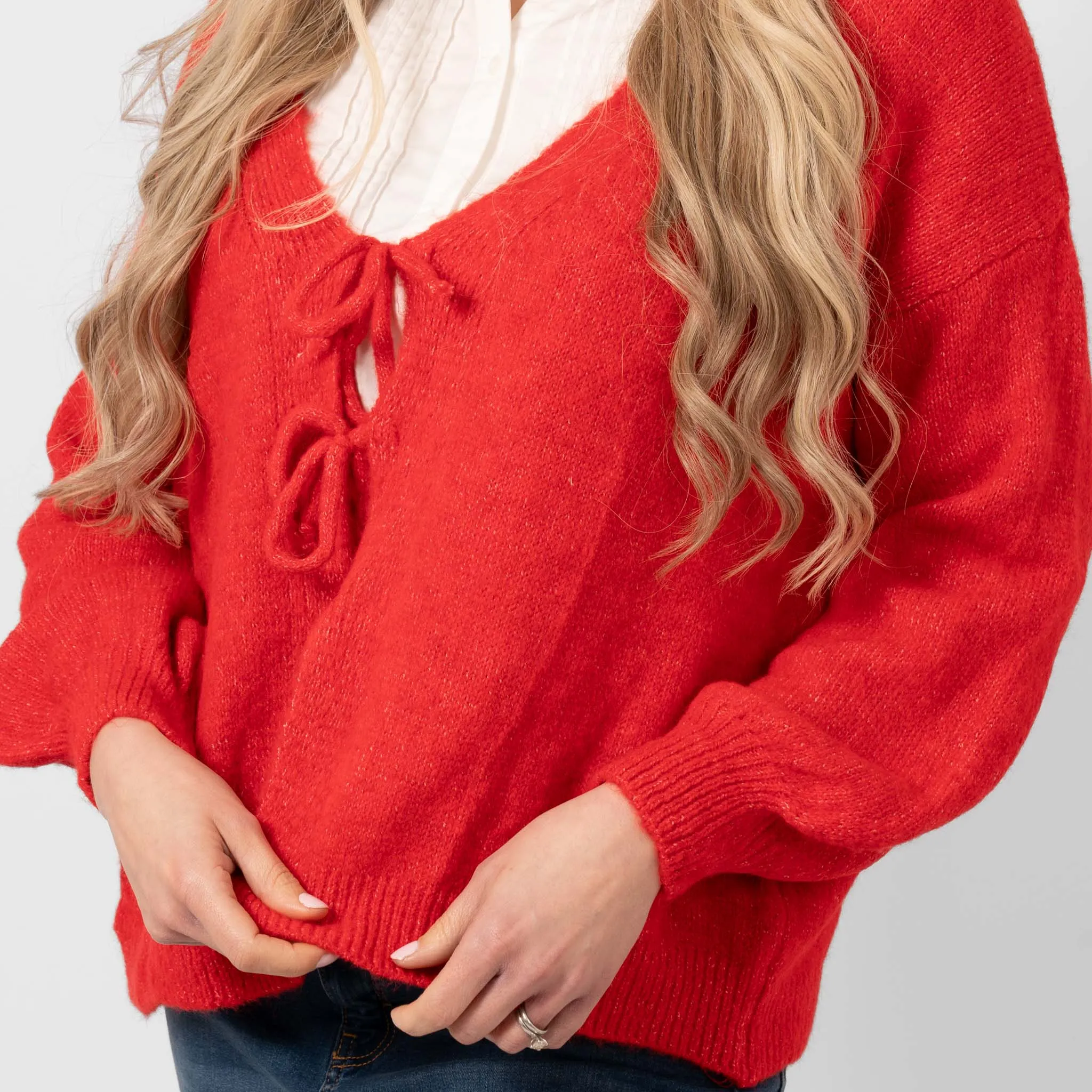 Cassidy Tie Front Wool Blend Cardigan - Red