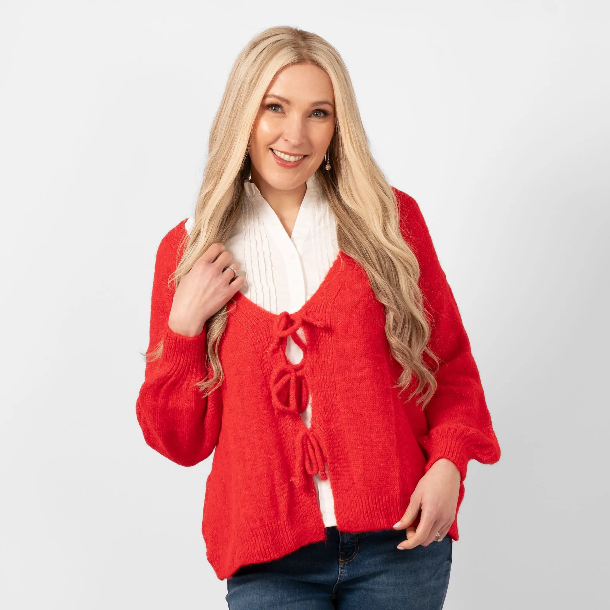 Cassidy Tie Front Wool Blend Cardigan - Red