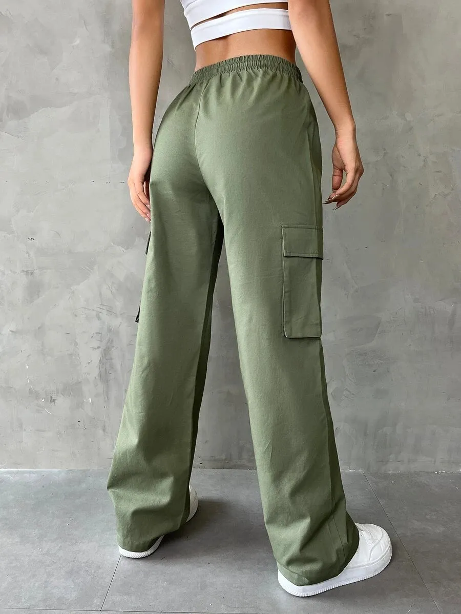 Casual Flap Pocket Drawstring Waist Cargo Pants