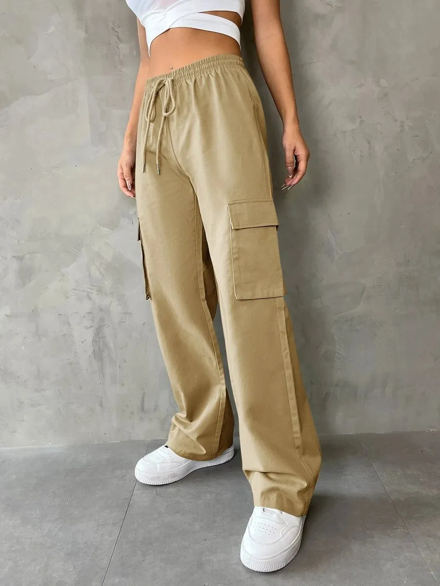 Casual Flap Pocket Drawstring Waist Cargo Pants