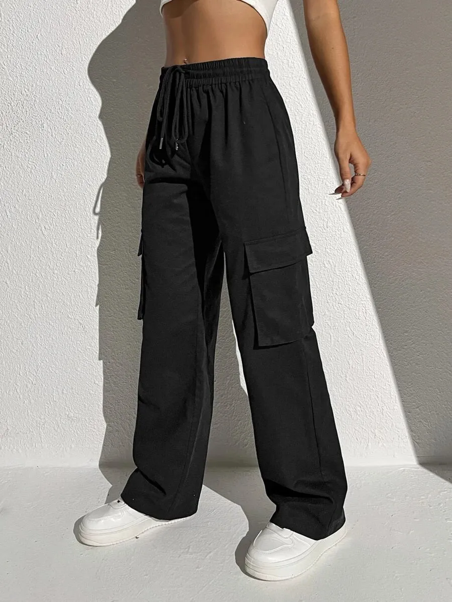 Casual Flap Pocket Drawstring Waist Cargo Pants