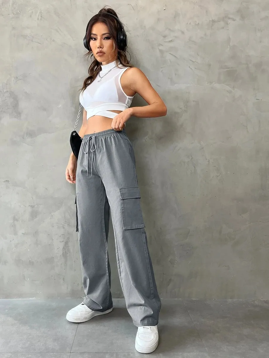 Casual Flap Pocket Drawstring Waist Cargo Pants