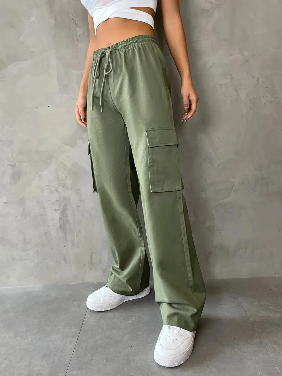 Casual Flap Pocket Drawstring Waist Cargo Pants