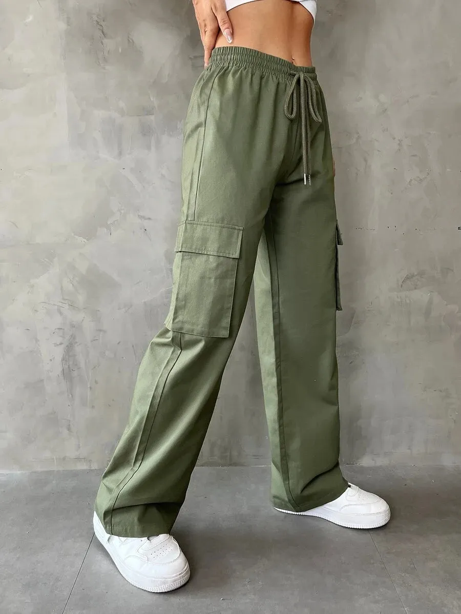 Casual Flap Pocket Drawstring Waist Cargo Pants