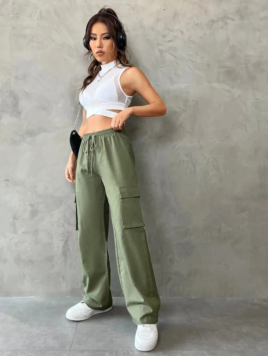 Casual Flap Pocket Drawstring Waist Cargo Pants