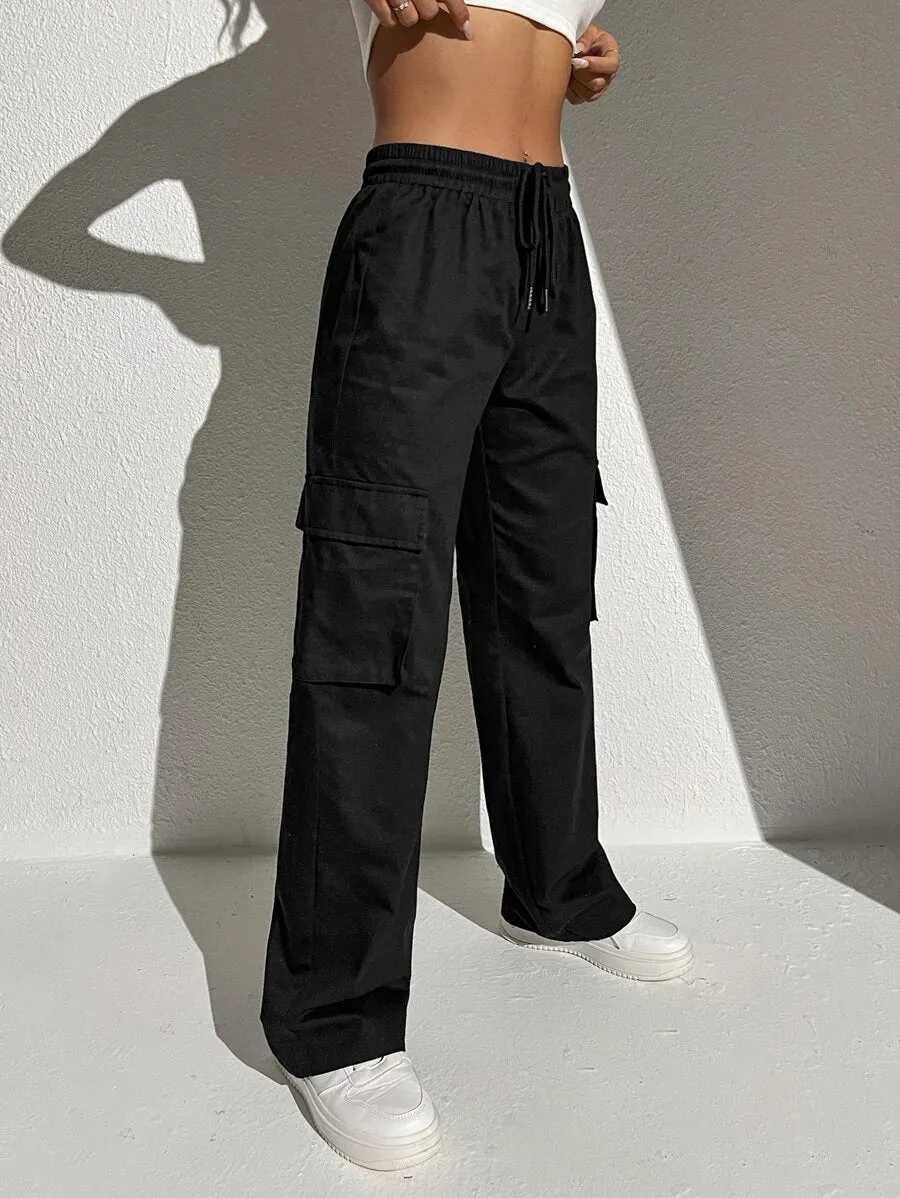 Casual Flap Pocket Drawstring Waist Cargo Pants