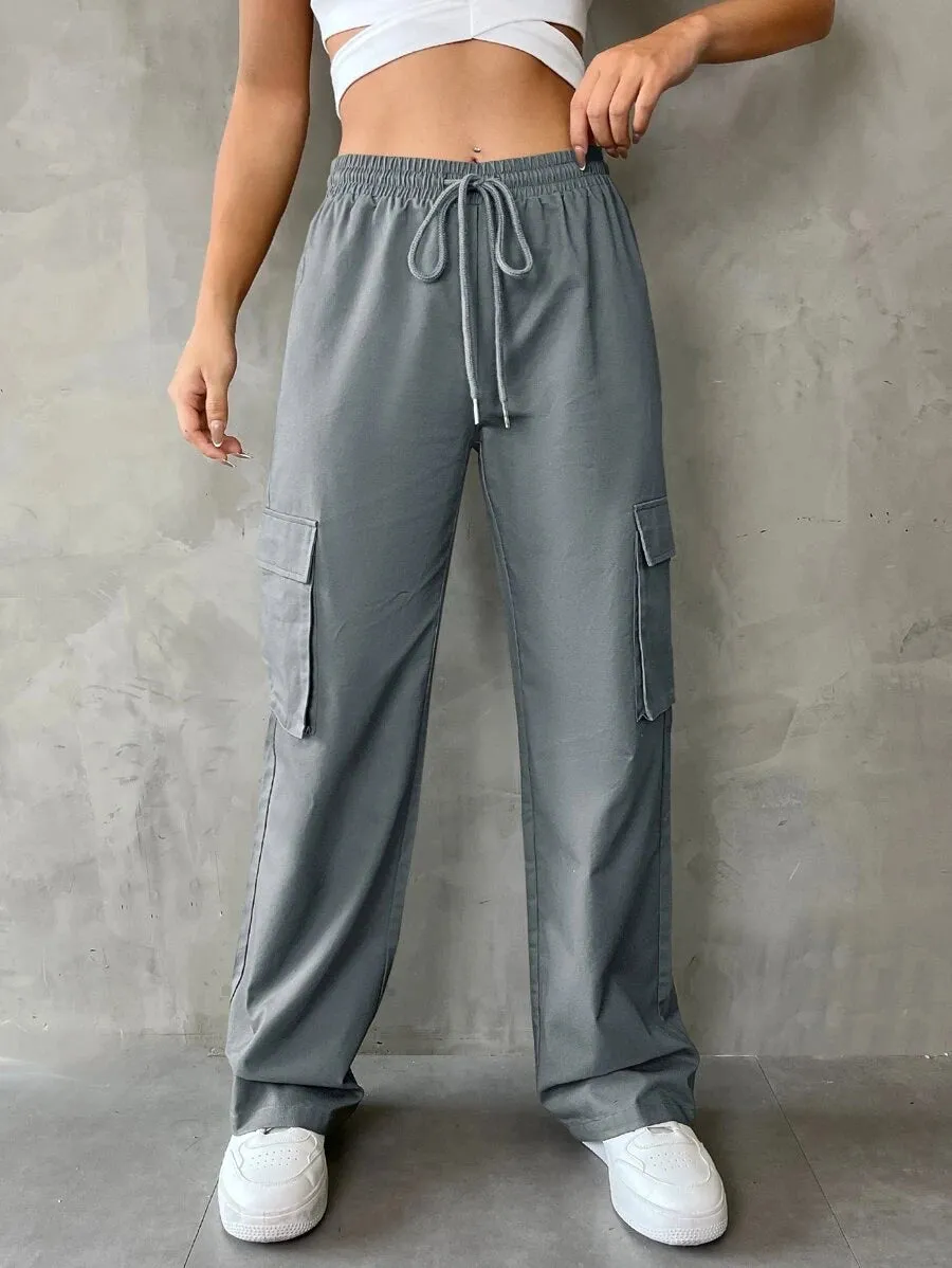 Casual Flap Pocket Drawstring Waist Cargo Pants