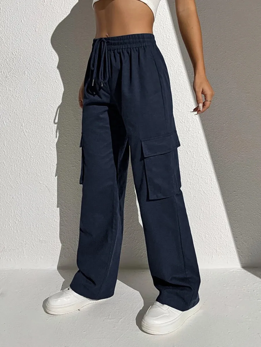 Casual Flap Pocket Drawstring Waist Cargo Pants