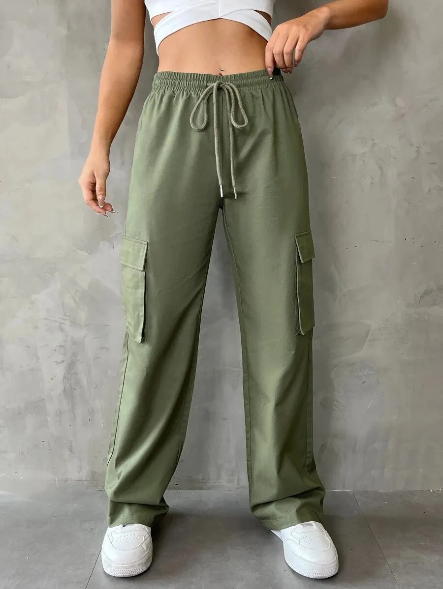 Casual Flap Pocket Drawstring Waist Cargo Pants