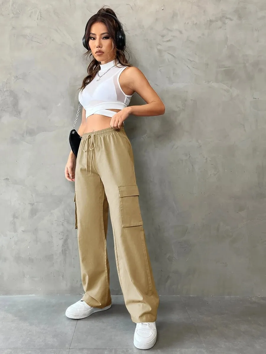 Casual Flap Pocket Drawstring Waist Cargo Pants