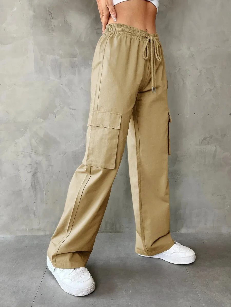 Casual Flap Pocket Drawstring Waist Cargo Pants