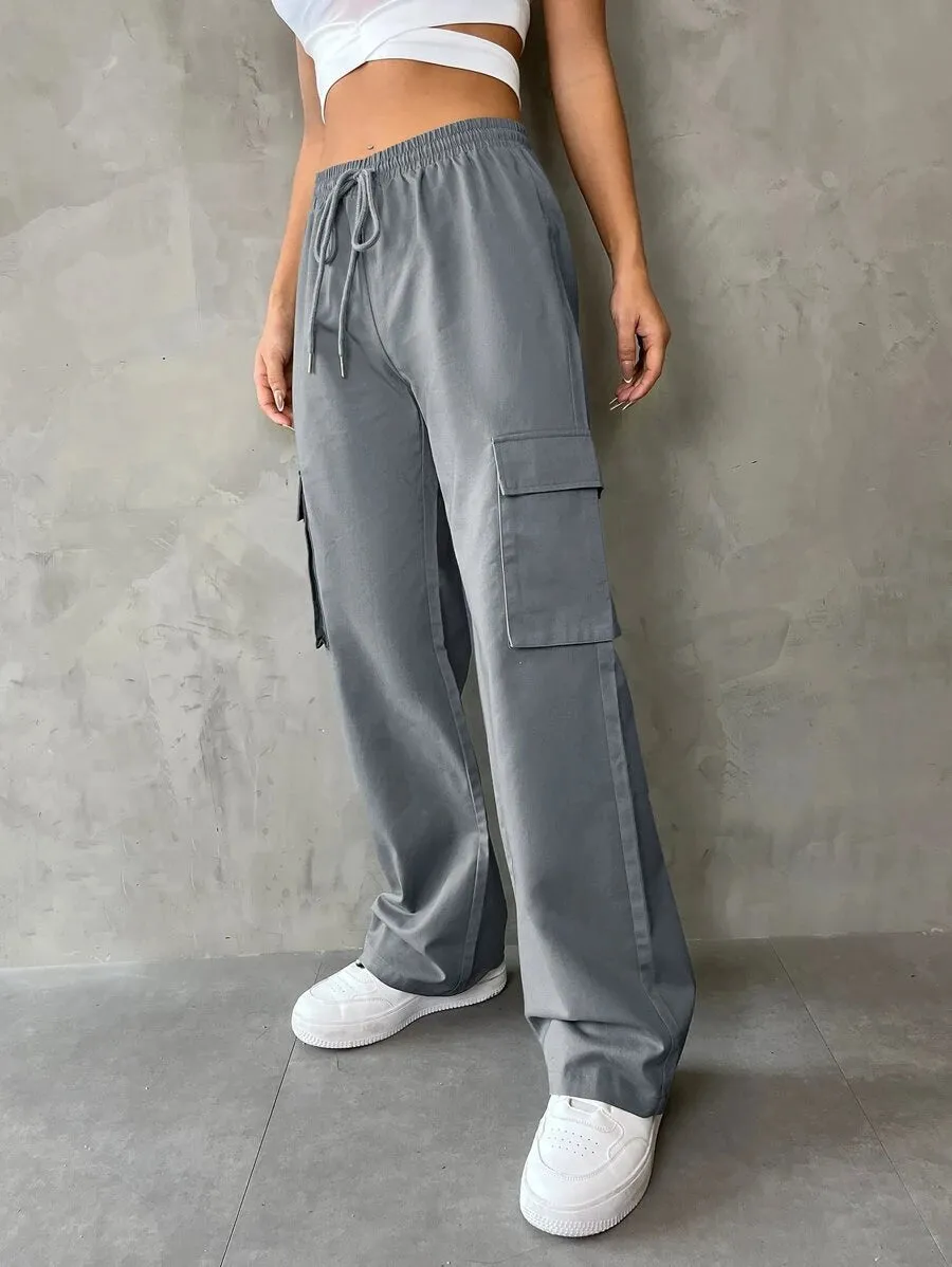 Casual Flap Pocket Drawstring Waist Cargo Pants