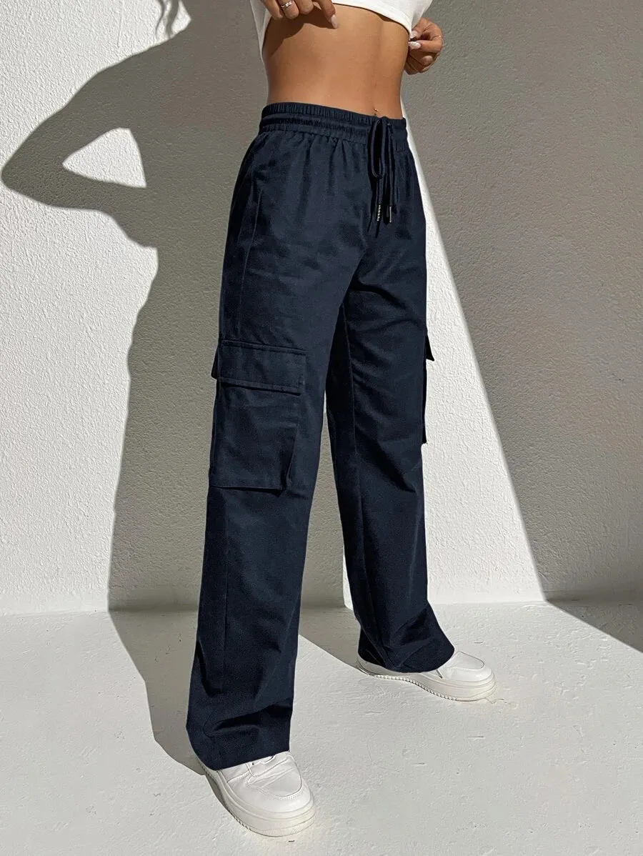 Casual Flap Pocket Drawstring Waist Cargo Pants