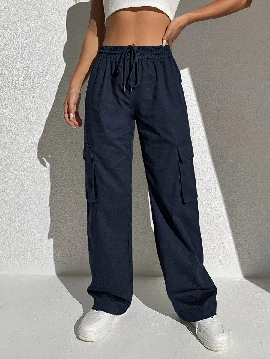 Casual Flap Pocket Drawstring Waist Cargo Pants