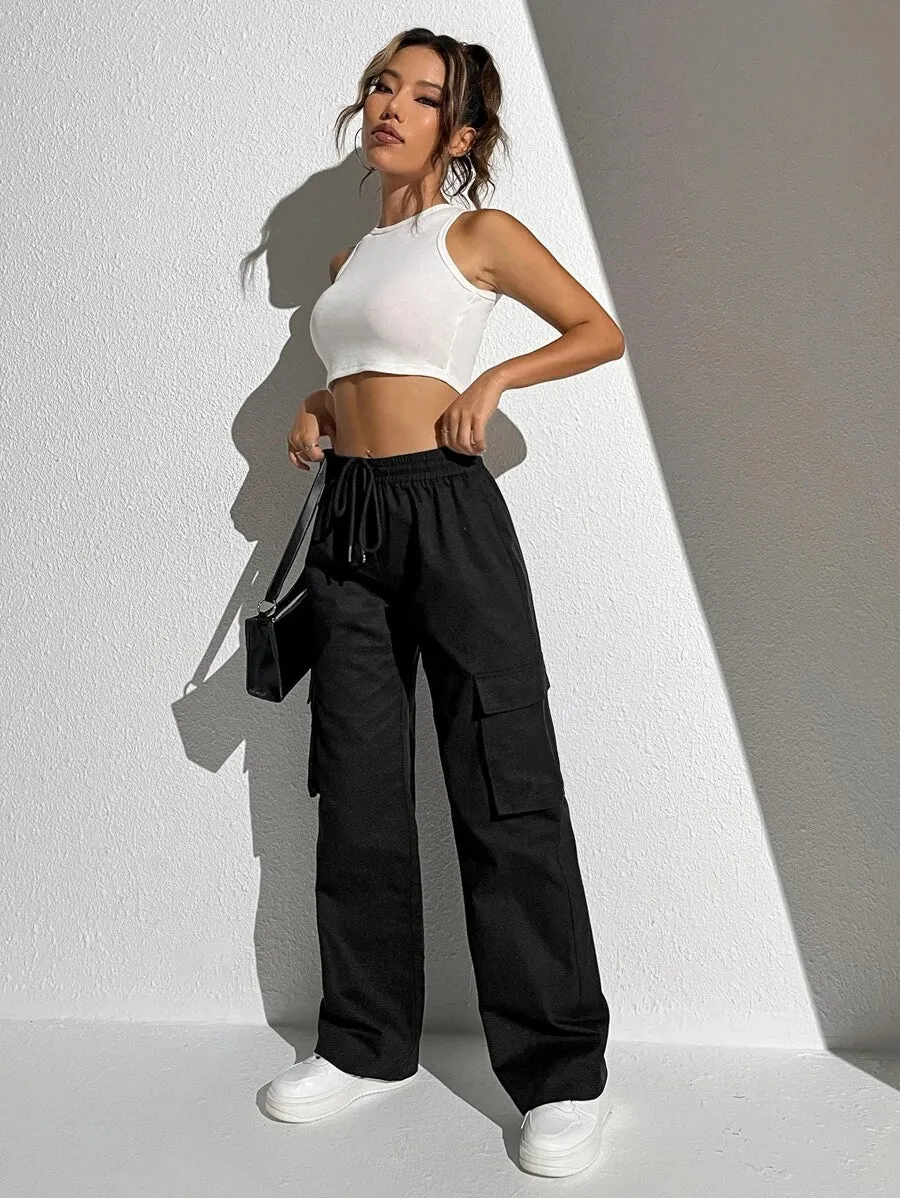 Casual Flap Pocket Drawstring Waist Cargo Pants