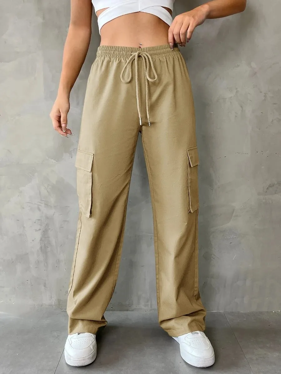 Casual Flap Pocket Drawstring Waist Cargo Pants