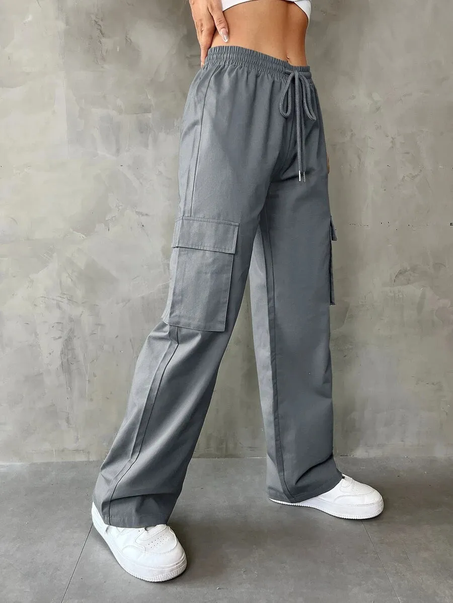 Casual Flap Pocket Drawstring Waist Cargo Pants