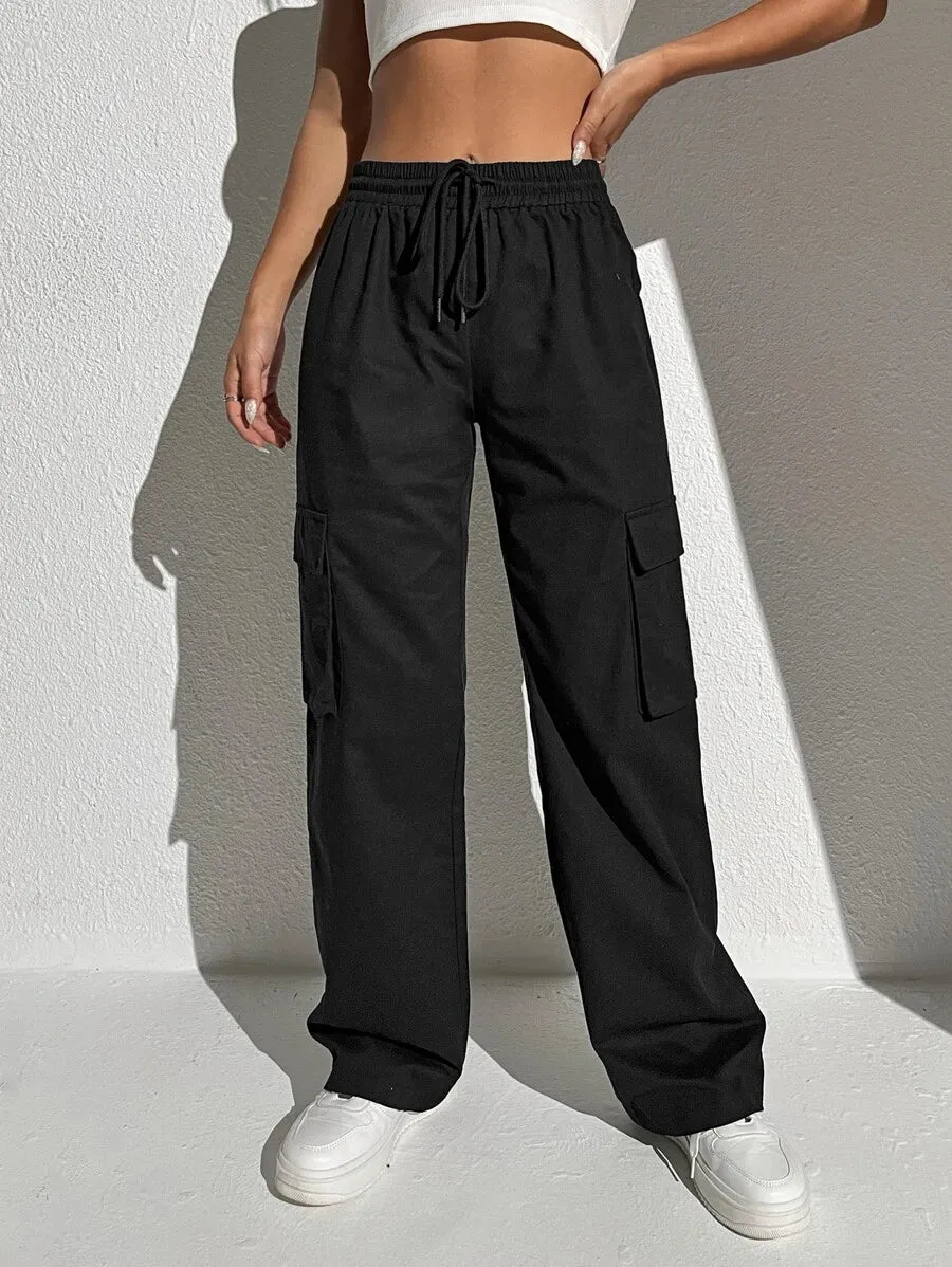 Casual Flap Pocket Drawstring Waist Cargo Pants