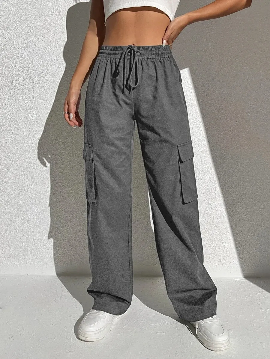 Casual Flap Pocket Drawstring Waist Cargo Pants