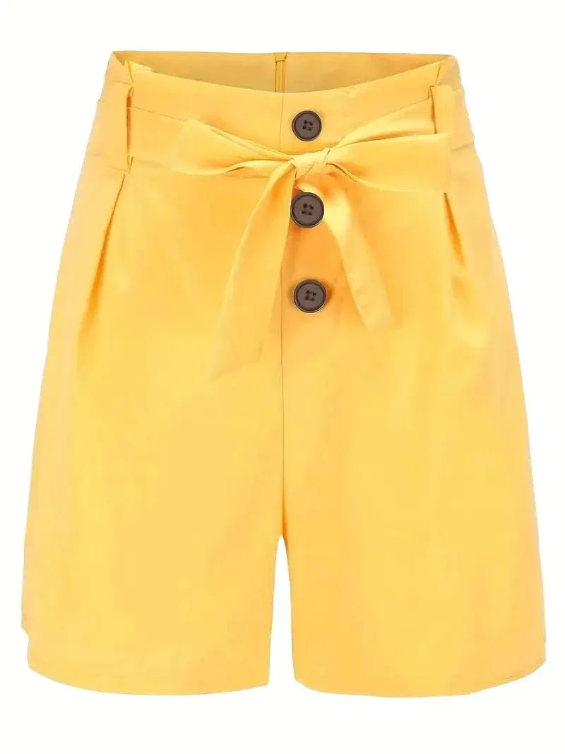 Casual Solid Tie Waist High Waist Button Shorts