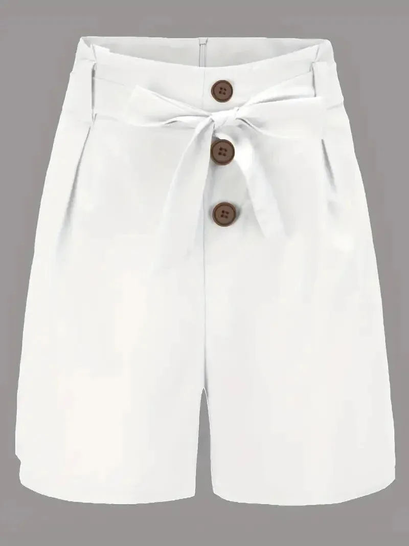 Casual Solid Tie Waist High Waist Button Shorts