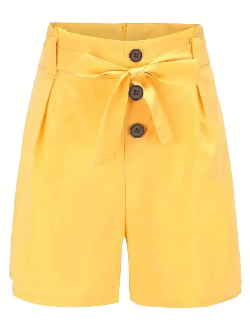 Casual Solid Tie Waist High Waist Button Shorts