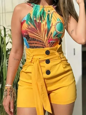 Casual Solid Tie Waist High Waist Button Shorts