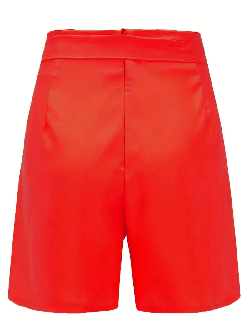 Casual Solid Tie Waist High Waist Button Shorts