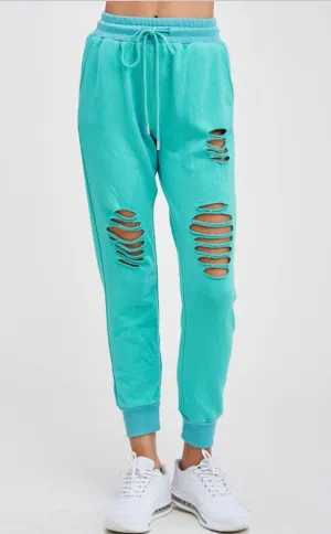Chill Nights Distressed Joggers-seafoam