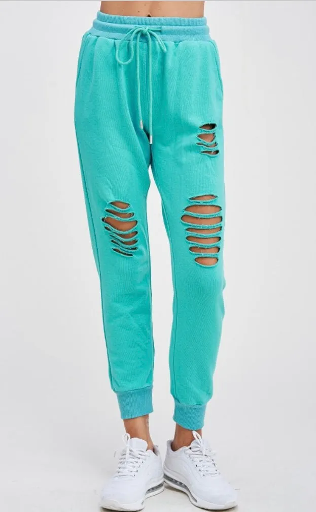 Chill Nights Distressed Joggers-seafoam