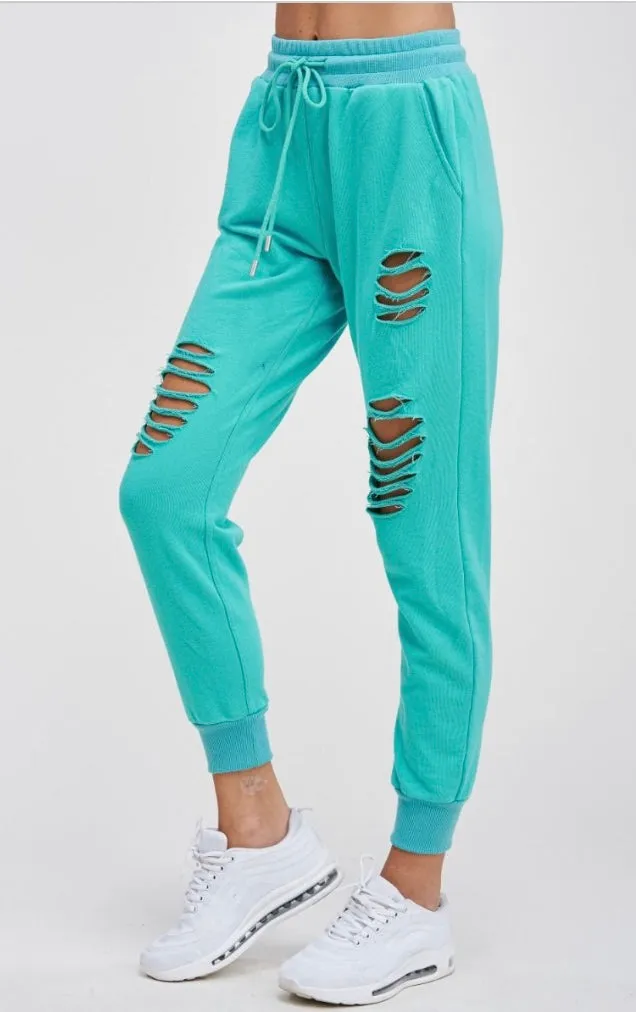Chill Nights Distressed Joggers-seafoam