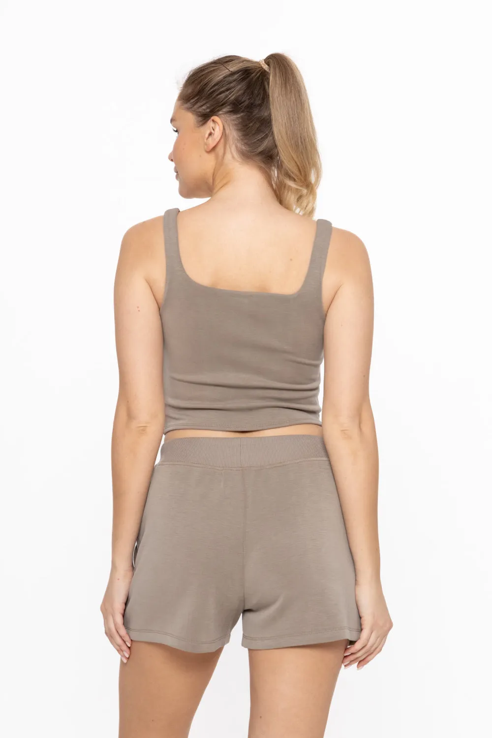 Corset-Inspired Cinch Crewneck Top in Warm Grey