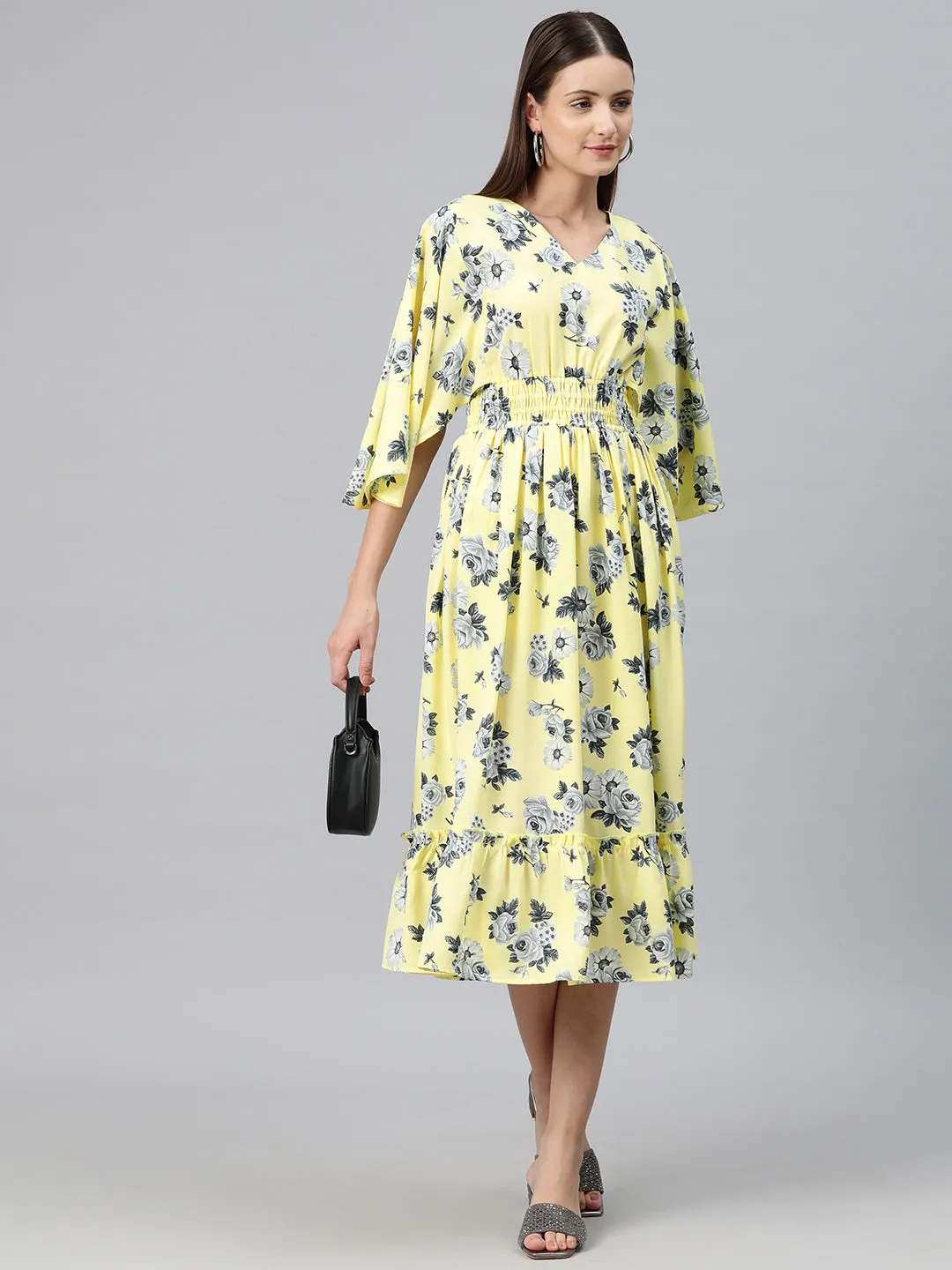 Cottinfab Women Floral Print Flared Sleeves Smocked Tiered Crepe Fit & Flare Midi Dress