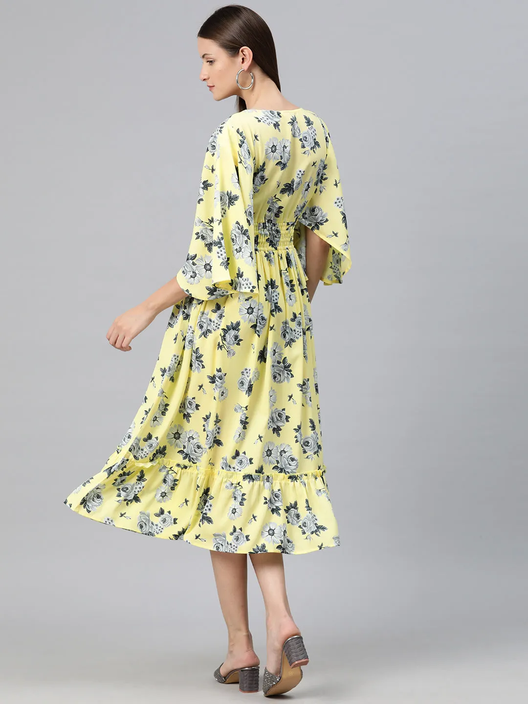 Cottinfab Women Floral Print Flared Sleeves Smocked Tiered Crepe Fit & Flare Midi Dress