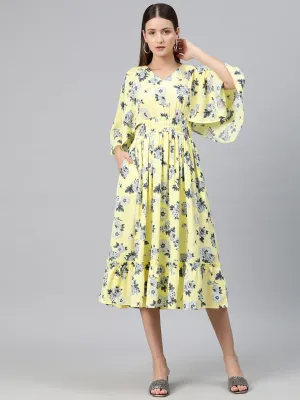 Cottinfab Women Floral Print Flared Sleeves Smocked Tiered Crepe Fit & Flare Midi Dress