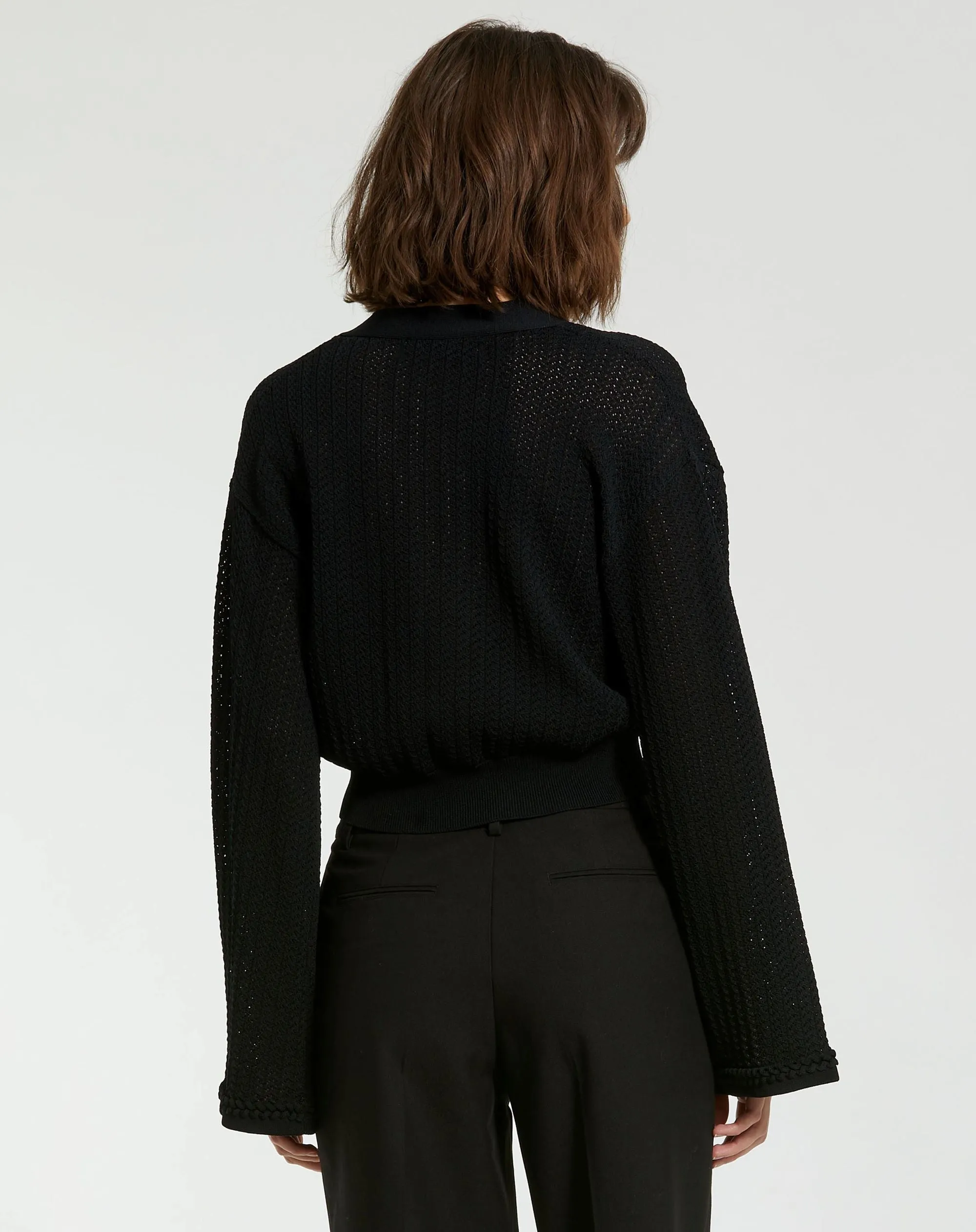 Crochet Knit Flare Long Sleeve Gold Button Cropped Cardigan - FINAL SALE