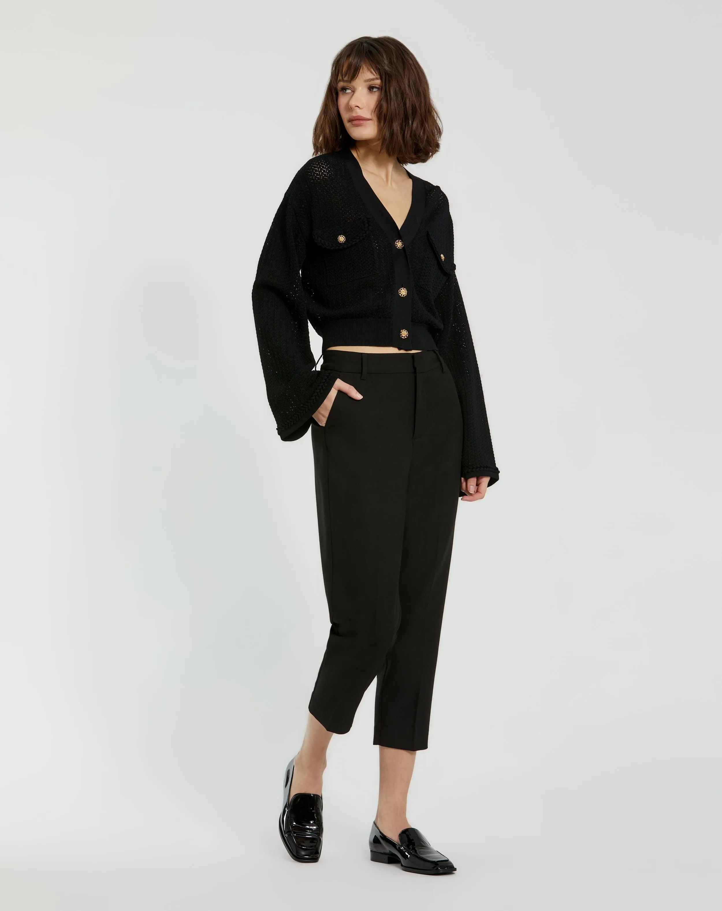 Crochet Knit Flare Long Sleeve Gold Button Cropped Cardigan - FINAL SALE